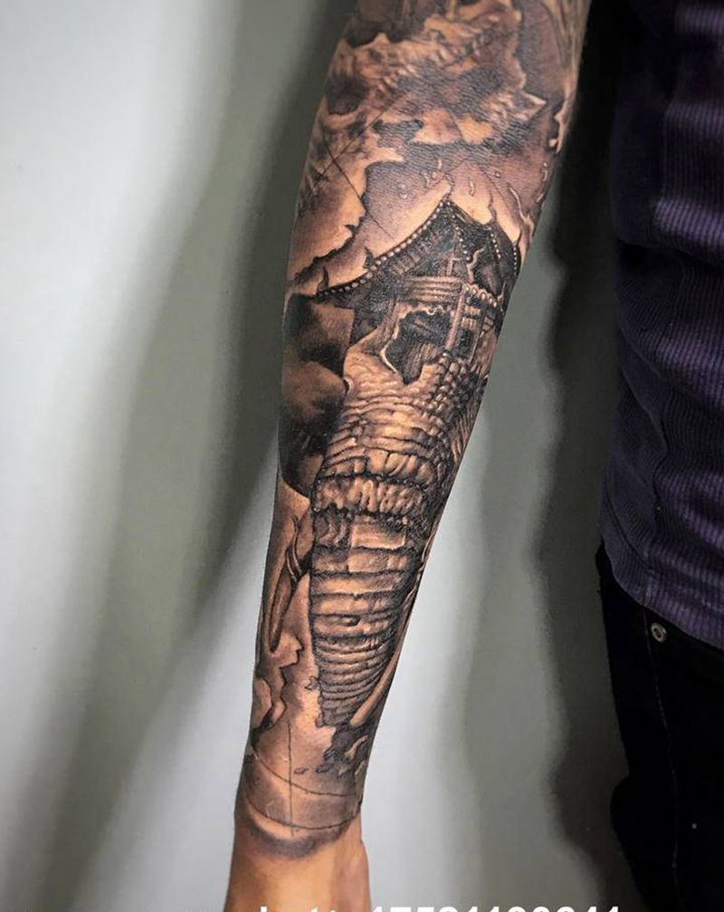 象神与地图纹身图片_手臂纹身图案