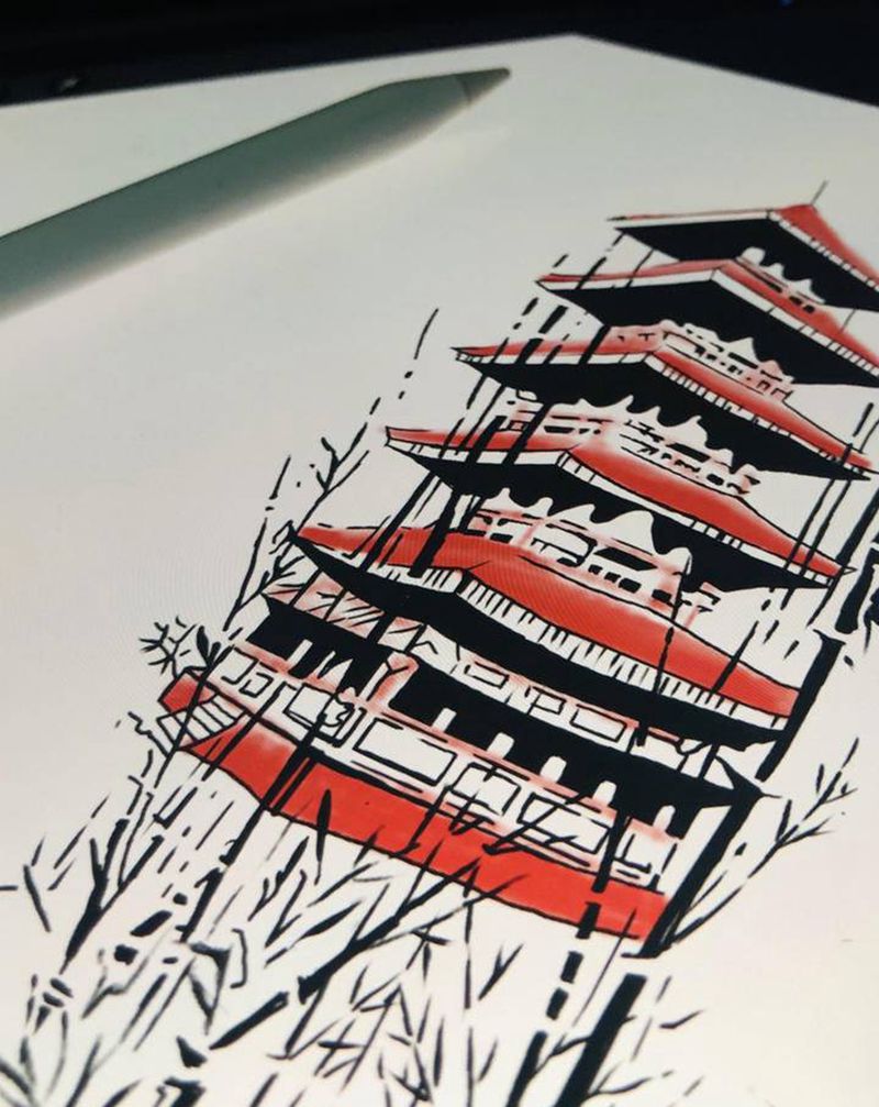 最近的工作，手臂水墨宝塔纹身图片_手臂水墨纹身图案