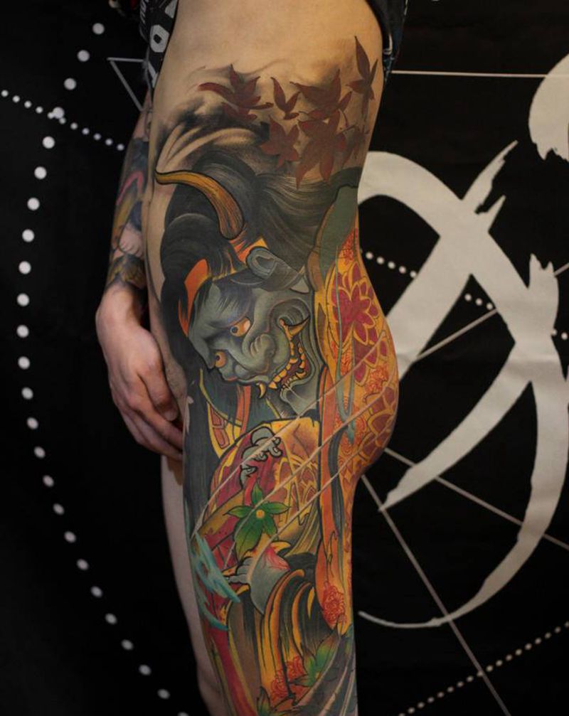 传统般若纹身图片_腿部臀部新传统纹身图案