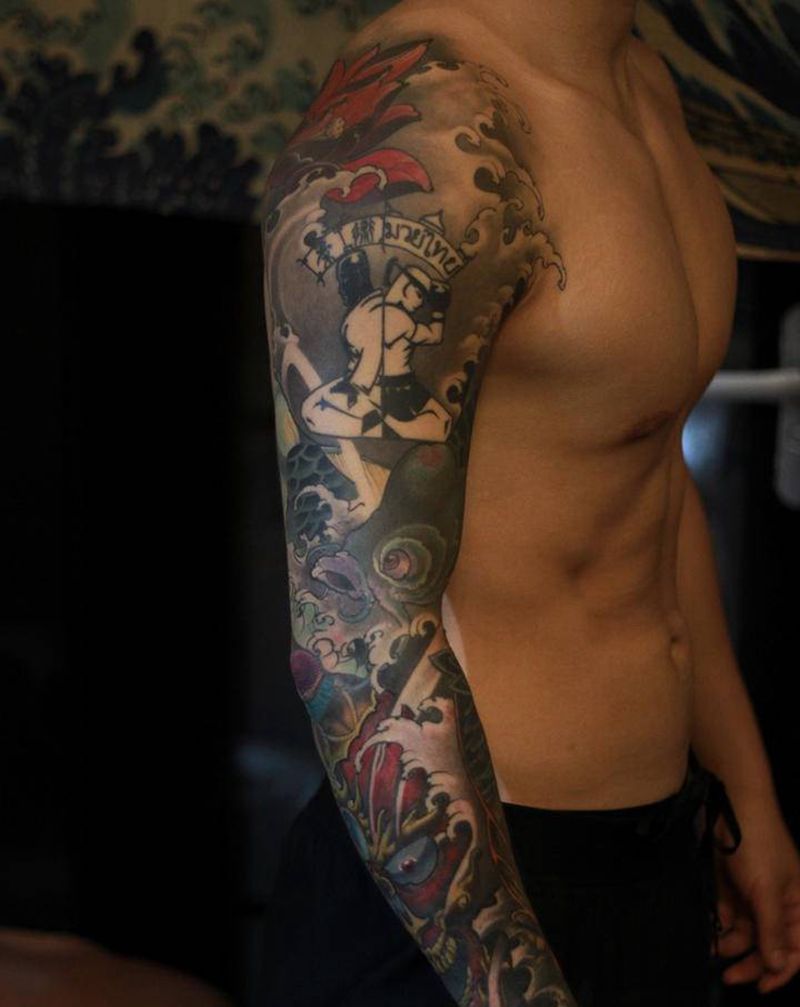 传统花臂纹身图片_手臂胸部新传统纹身图案