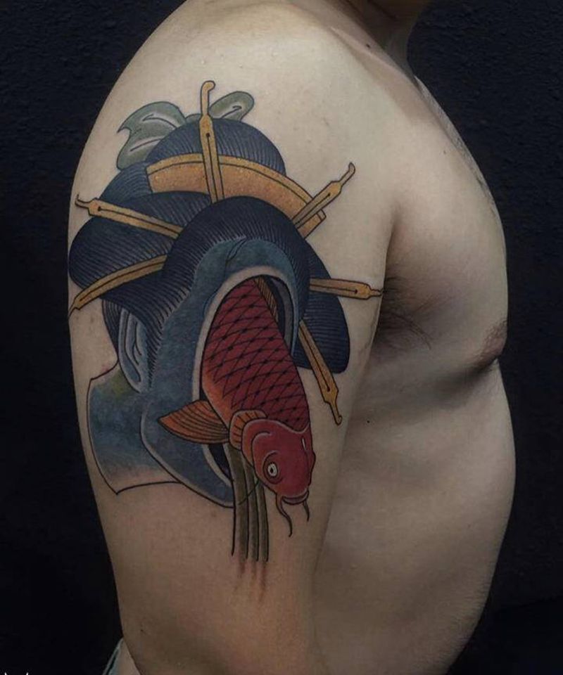 鱼艺妓纹身图片_手臂手部老传统图腾纹身图案