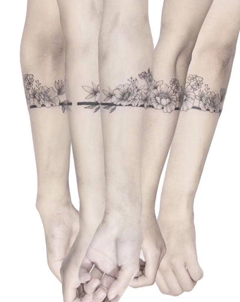 花花臂环纹身图片_手臂点刺小清新素花臂环纹身图案