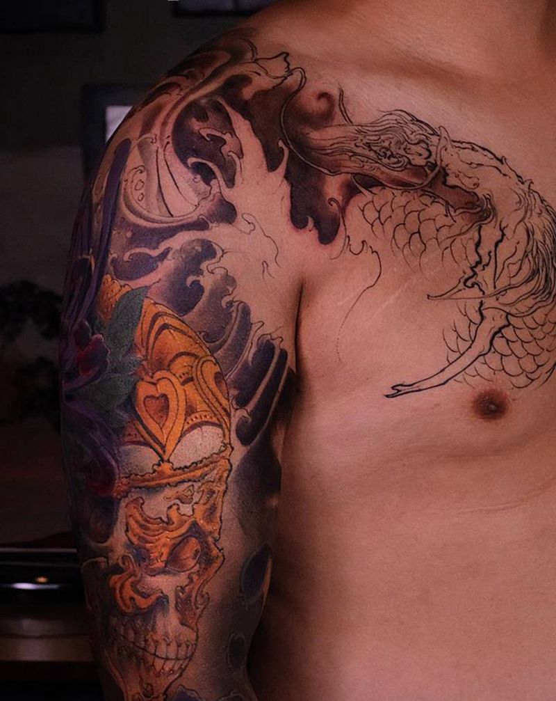 进度纹身图片_手臂新传统嘎巴拉纹身图案