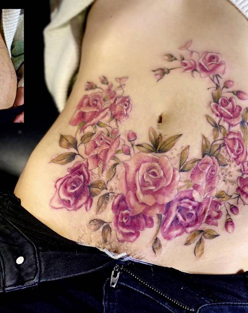 刨妇产疤痕遮盖纹身图片_腹部新传统水彩纹身图案