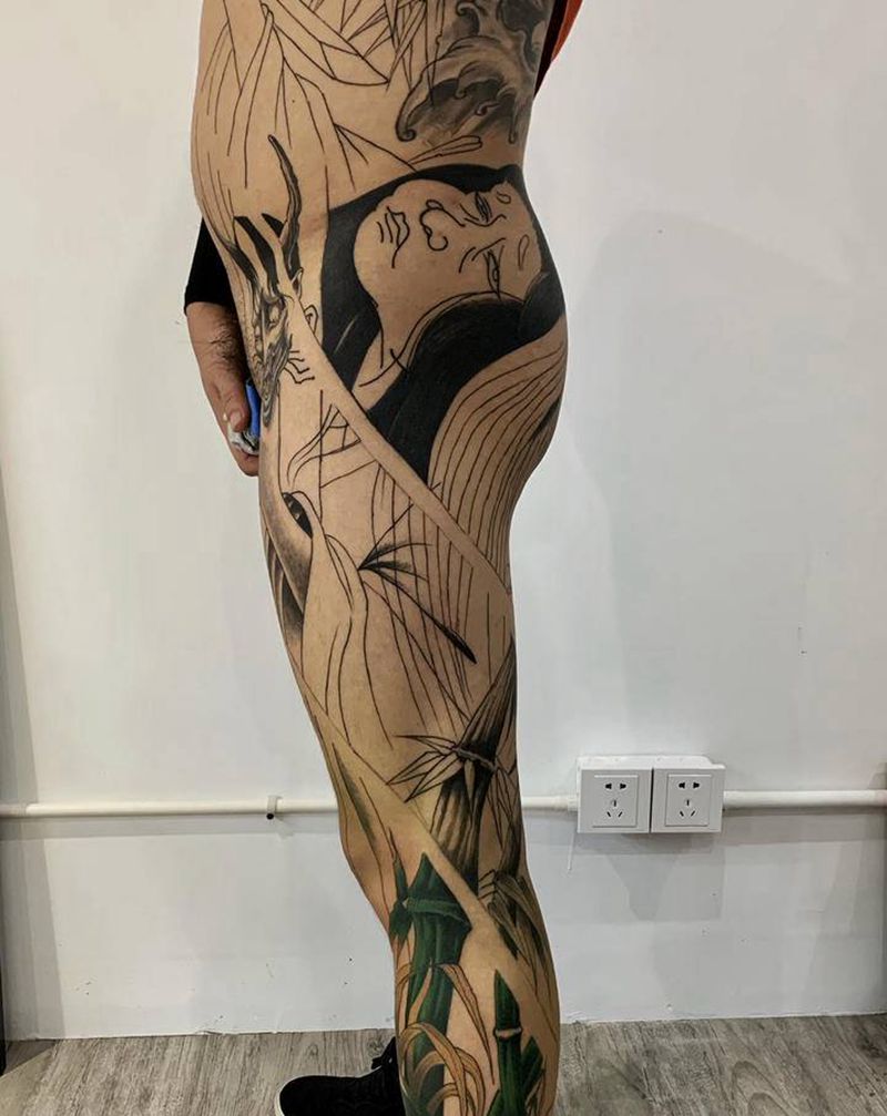 通腿纹身图片_腰部腿部新传统纹身图案