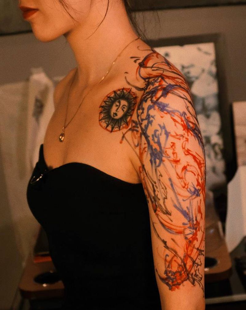 遮盖进度纹身图片_手臂肩部新传统纹身图案