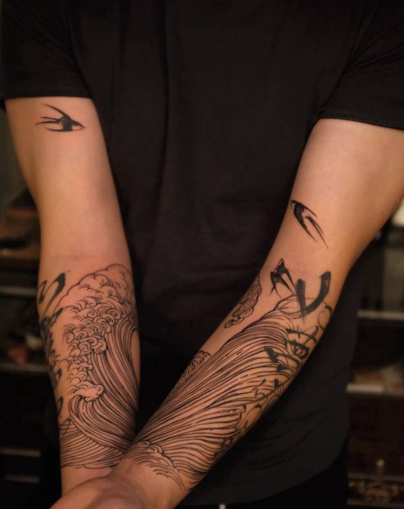 浪纹身图片_手臂新传统老传统纹身图案