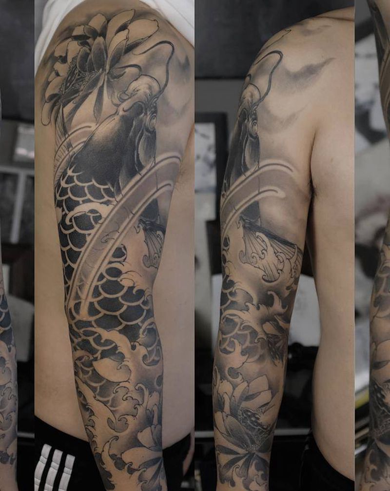鲤 整臂/收尾纹身图片_手臂新传统纹身图案