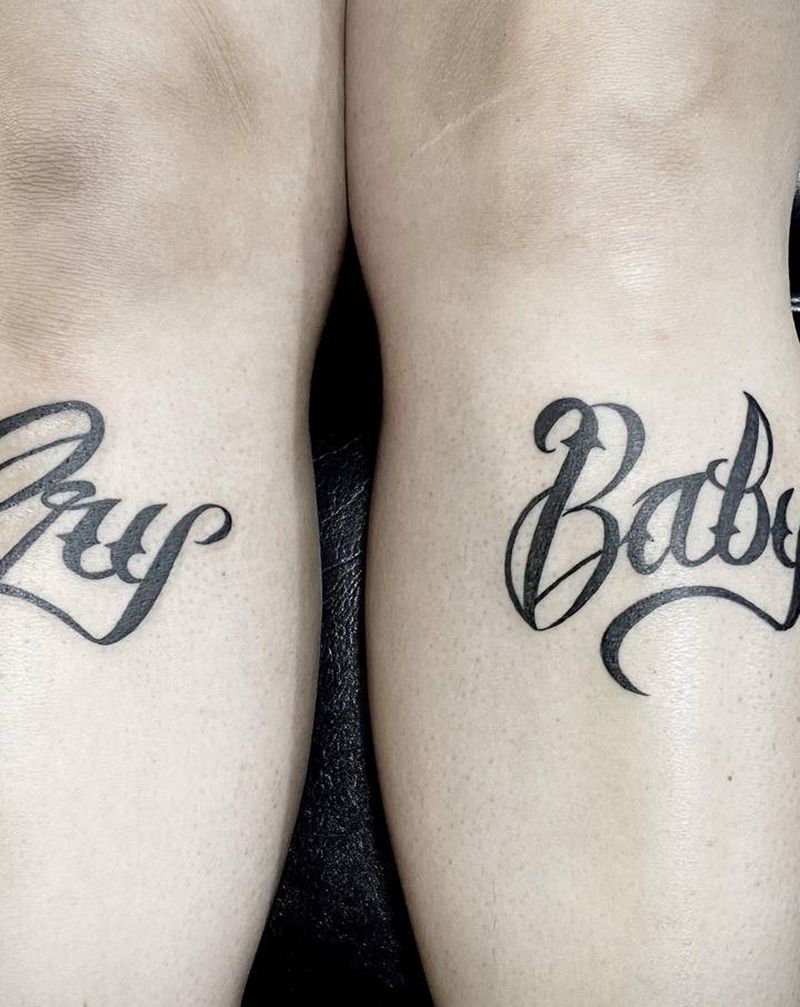 cry baby纹身图片_腿部花体字纹身图案