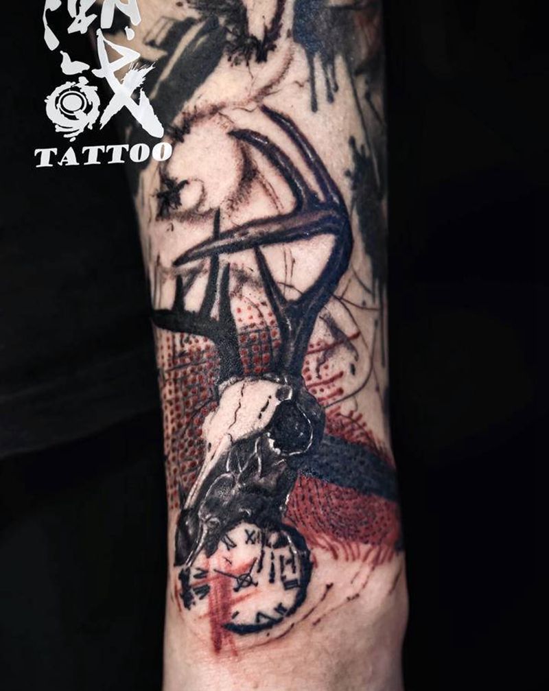 羊头纹身图片_手臂欧美写实水彩纹身图案