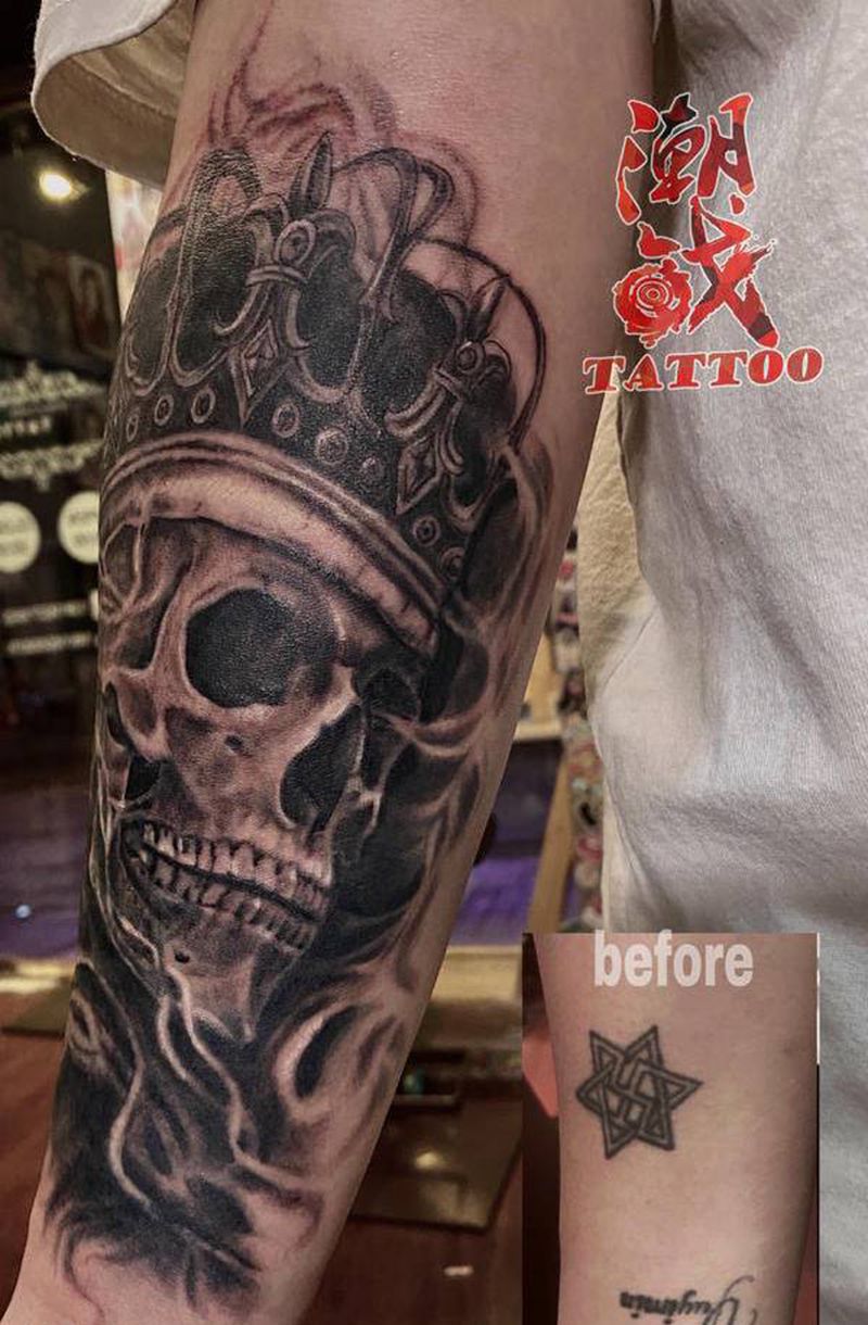 骷髅国王（遮盖）纹身图片_手臂欧美写实纹身图案