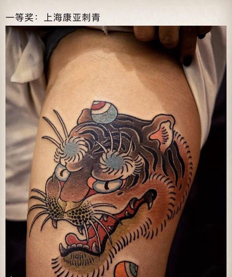 虎纹身图片_脚部腿部老传统新传统老虎纹身图案