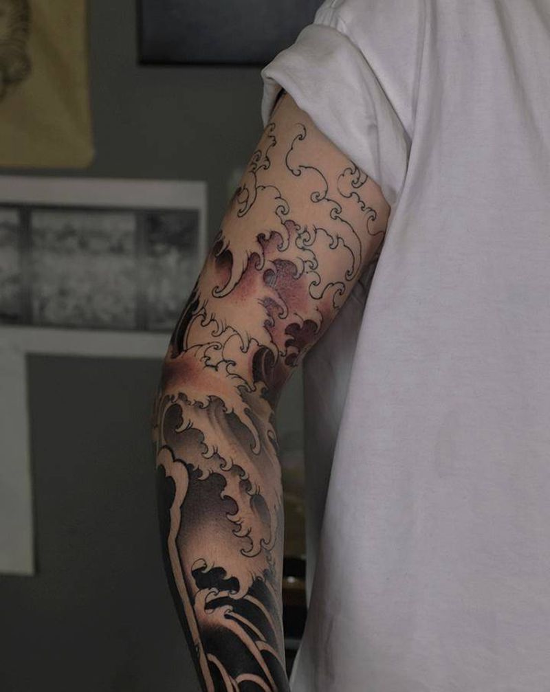 遮盖进度纹身图片_手臂新传统老传统浪纹身图案