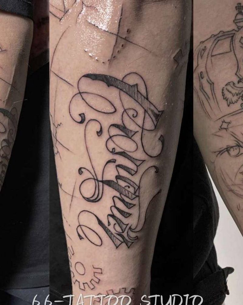 原创花臂勾线纹身图片_手臂欧美写实花体字纹身图案