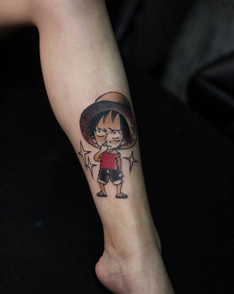 路飞纹身图片_腿部New School纹身图案