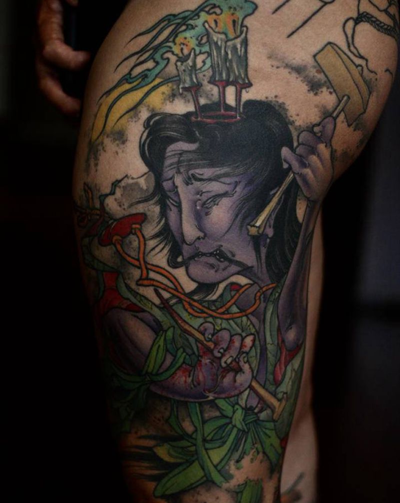 生首纹身图片_腿部新传统纹身图案