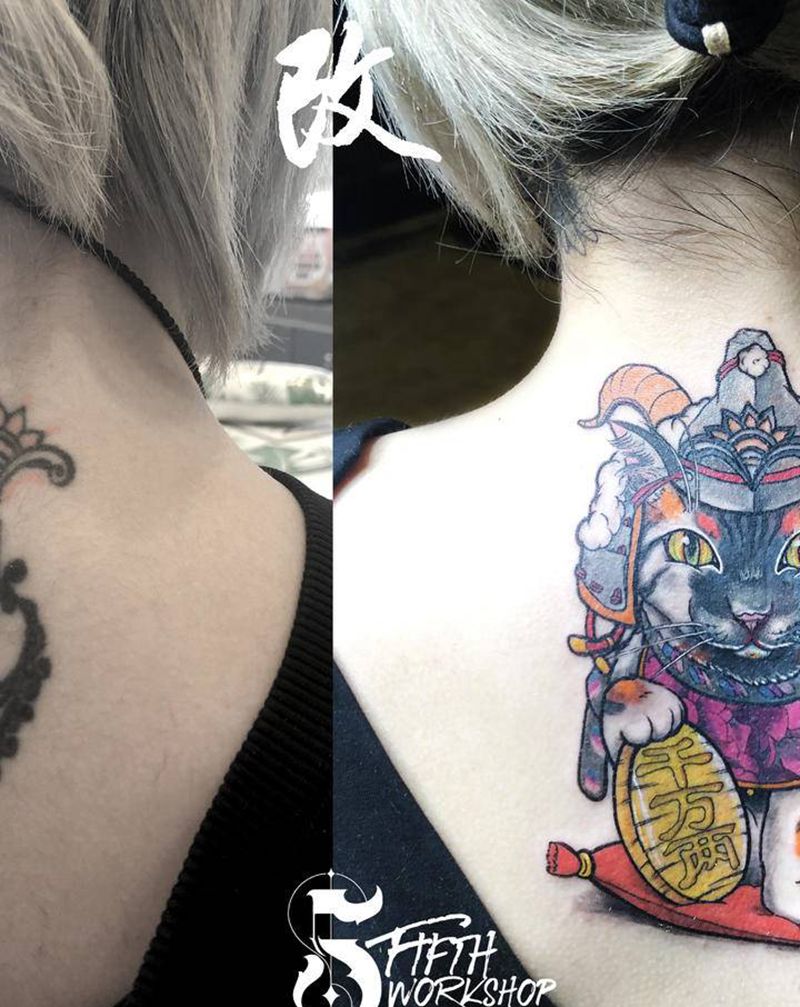 招财玳瑁猫 遮盖纹身图片_颈部New School遮盖纹身图案