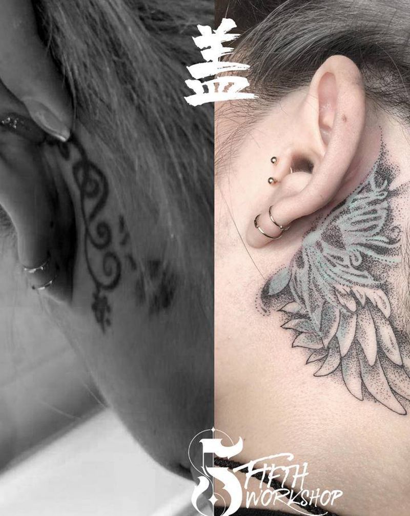 耳后遮盖纹身图片_颈部点刺遮盖纹身图案