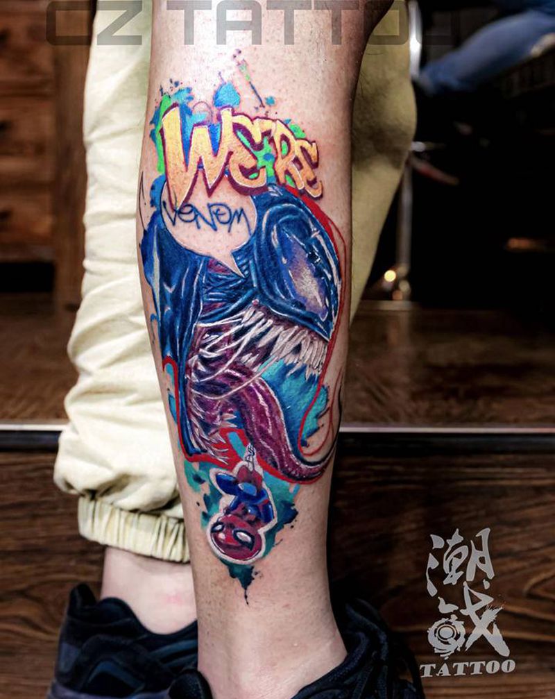 毒液纹身图片_腿部欧美写实纹身图案