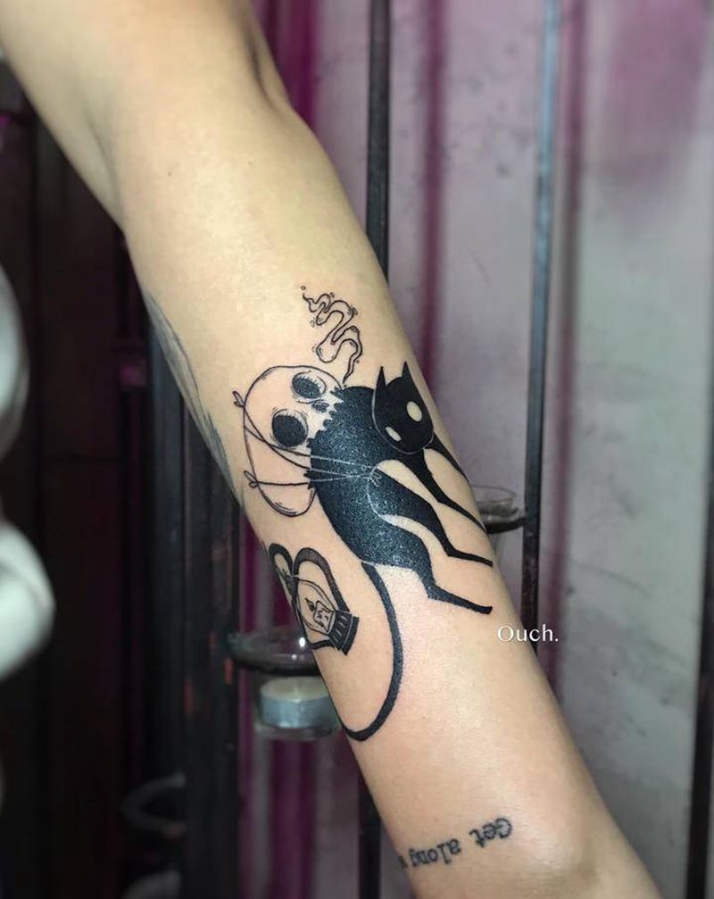 黑猫插画纹身图片_手臂纹身图案