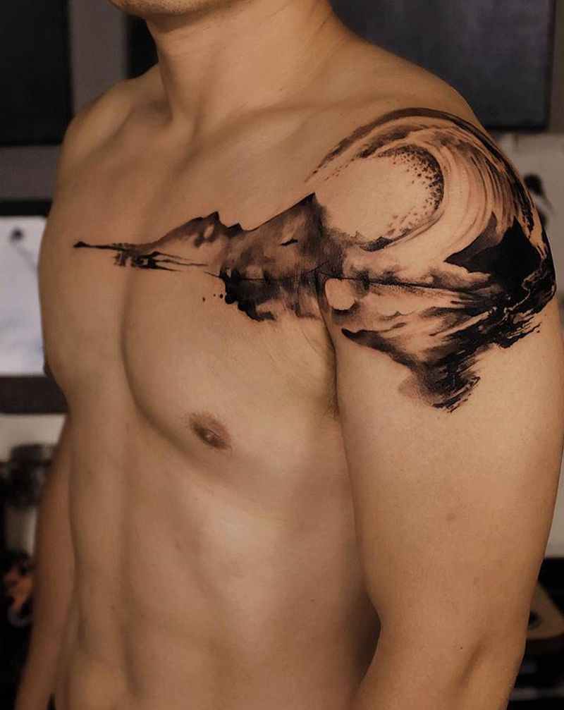 小作纹身图片_手臂胸部水墨几何山水纹身图案