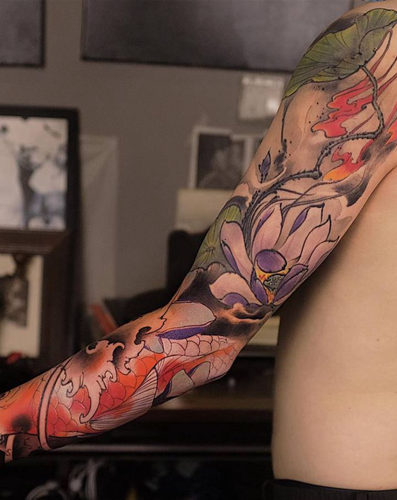 鲤纹身图片_手臂新传统纹身图案