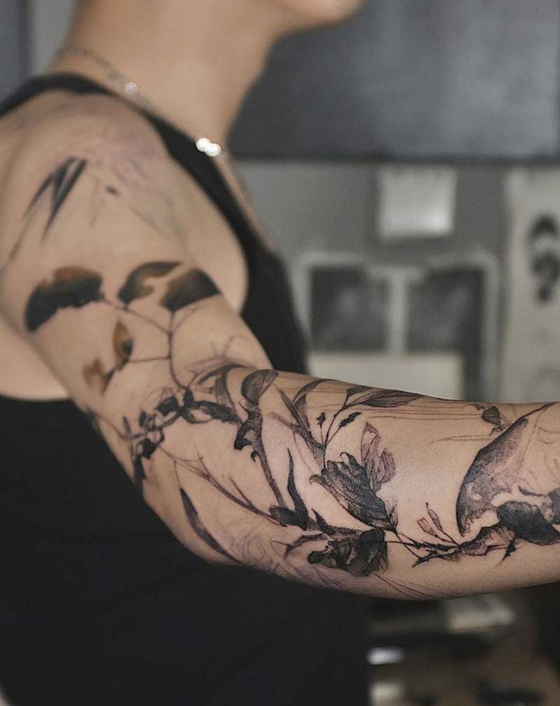 〈葉〉进度纹身图片_手臂水彩水墨纹身图案