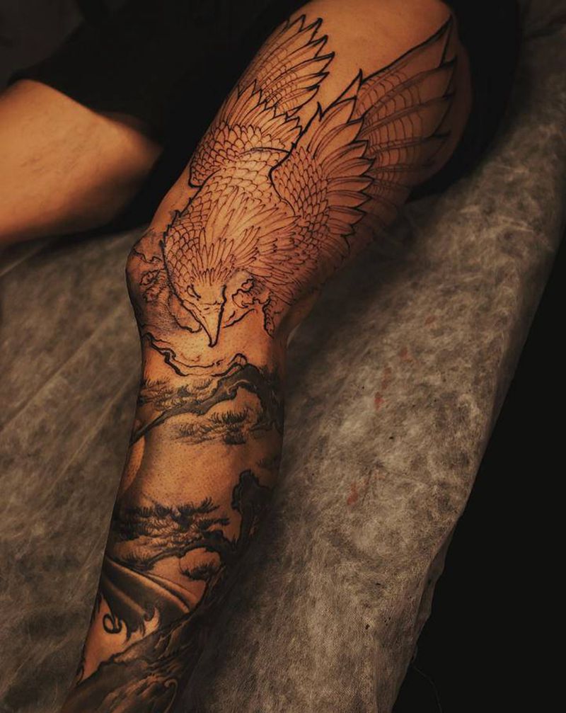 〈鹰狩〉进度纹身图片_腿部新传统纹身图案