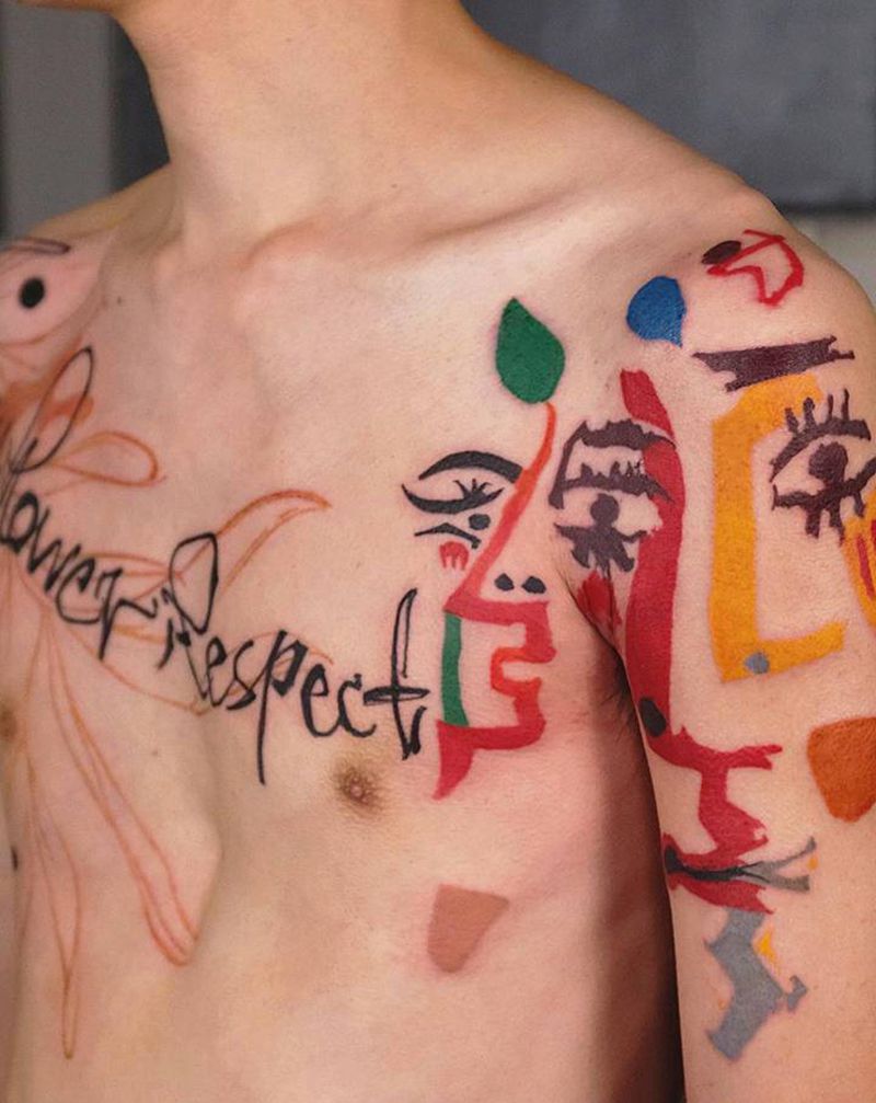 稚拙心纹身图片_手臂胸部几何花体字纹身图案