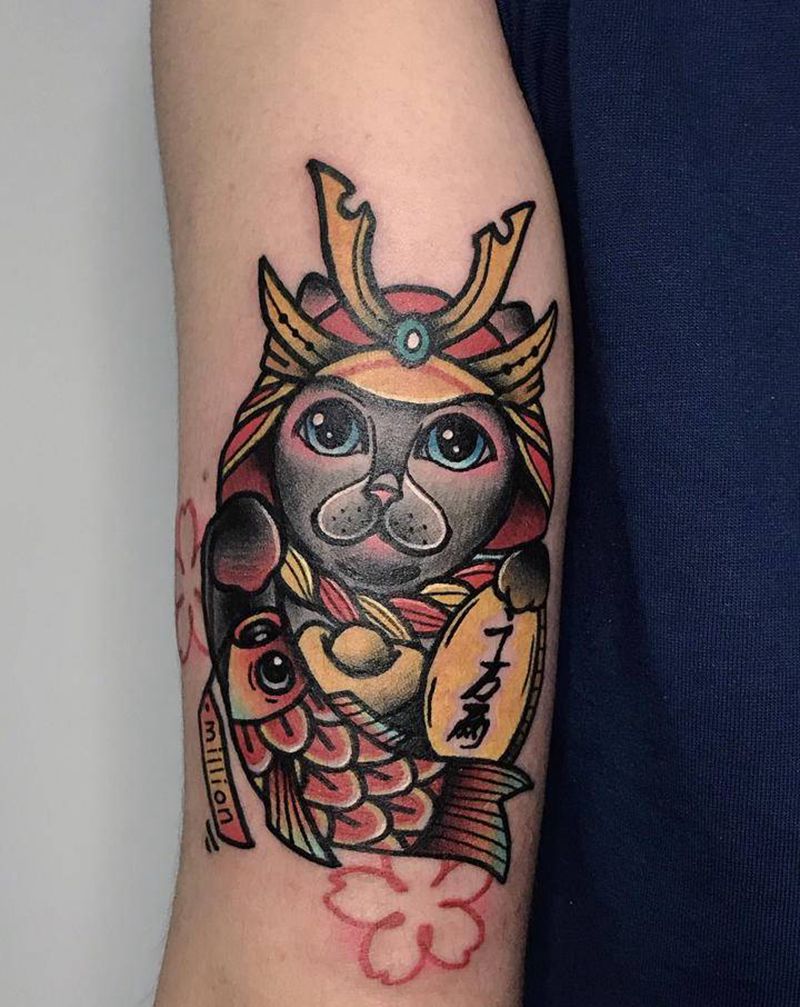 武士猫咪纹身图片_手臂纹身图案