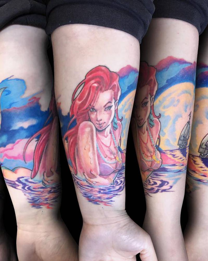 夜媚爱丽儿纹身图片_手臂New School美人鱼迪士尼纹身图案