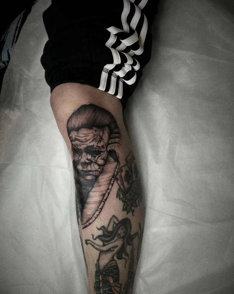 童年阴影纹身图片_腿部欧美写实纹身图案