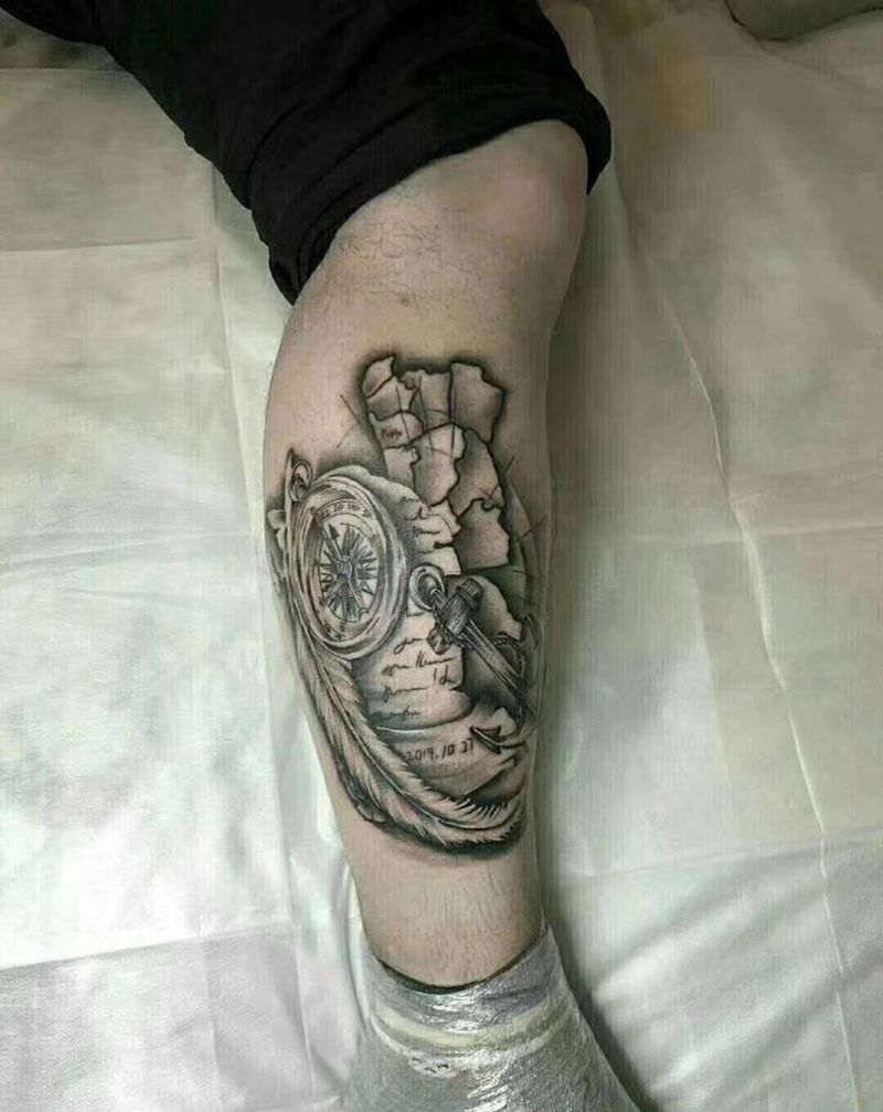 嗨纹身图片_腿部黑灰纹身图案