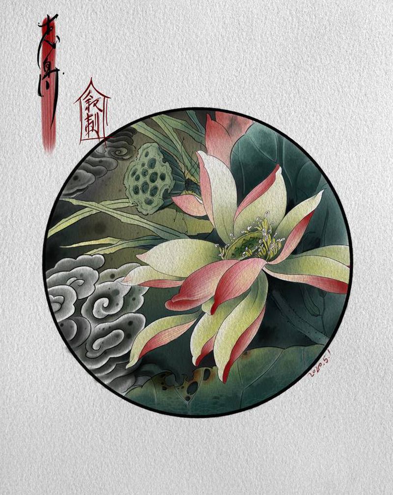荷花与莲子纹身图片_肩部背部新传统纹身图案