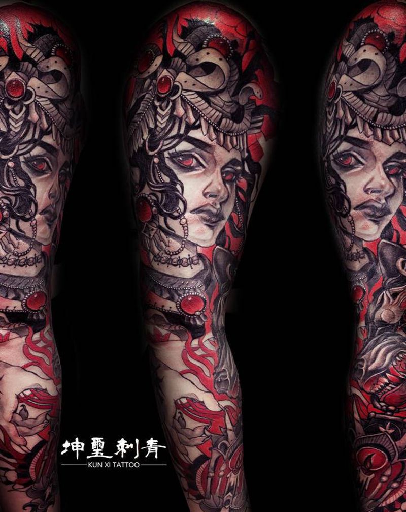 欧美女郎纹身图片_手臂Old School欧美写实纹身图案