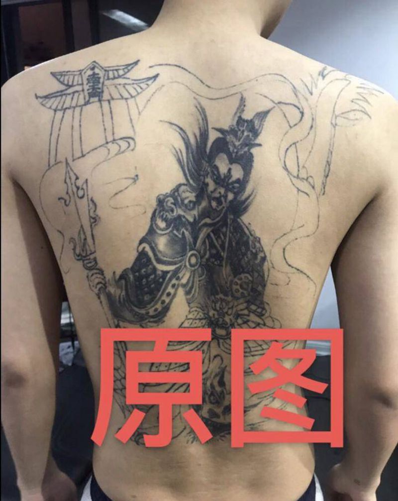 满背遮盖五迁五大米纹身图片_背部新传统遮盖纹身图案