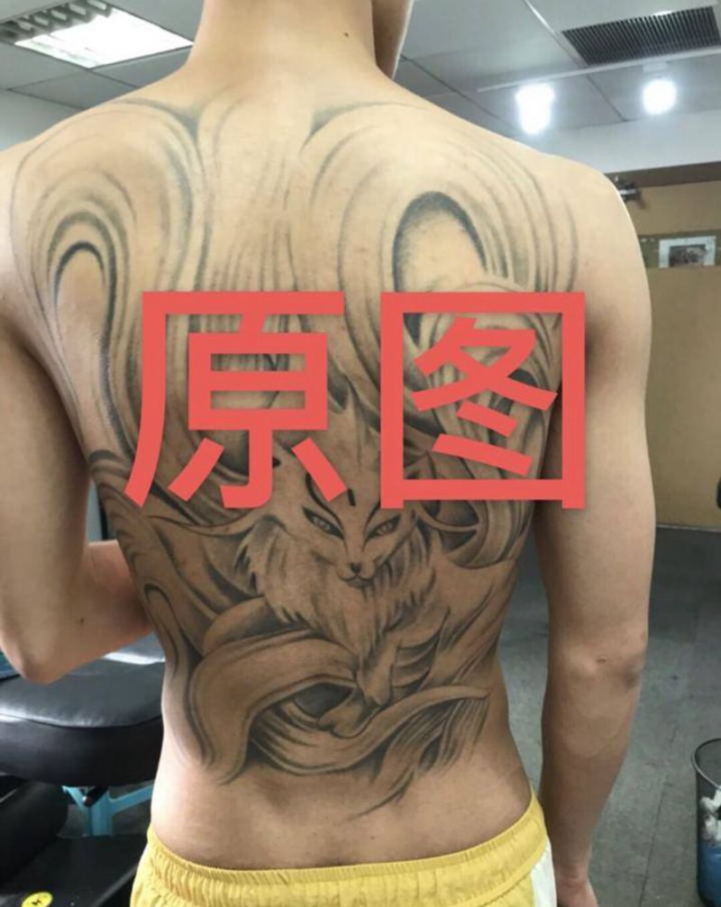 暴力遮盖五千五大米纹身图片_背部新传统遮盖纹身图案
