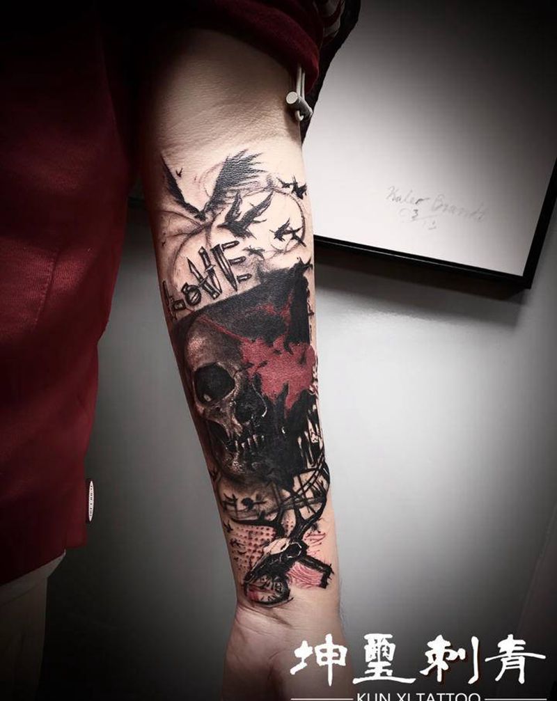 波尔卡风格 遮盖纹身图片_手臂欧美写实水墨纹身图案