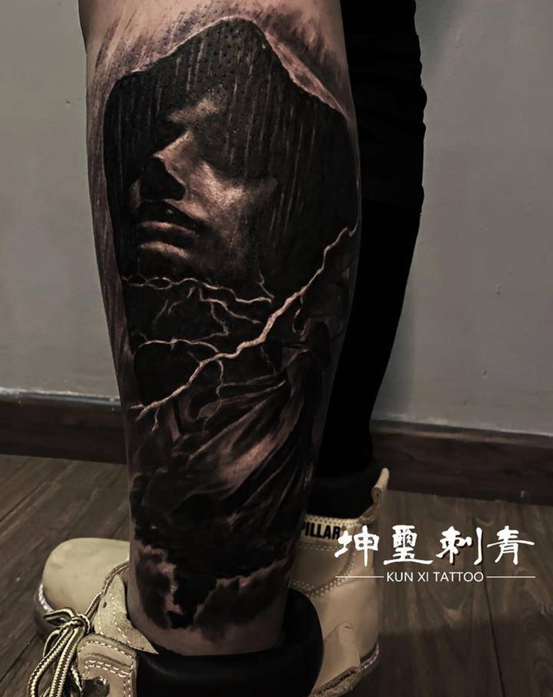 孤独行者纹身图片_腿部欧美写实纹身图案