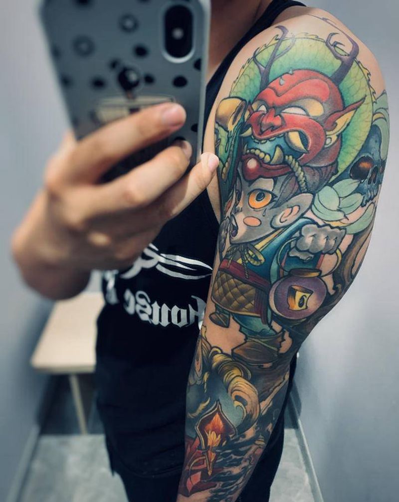 花臂买家秀儿纹身图片_New School纹身图案