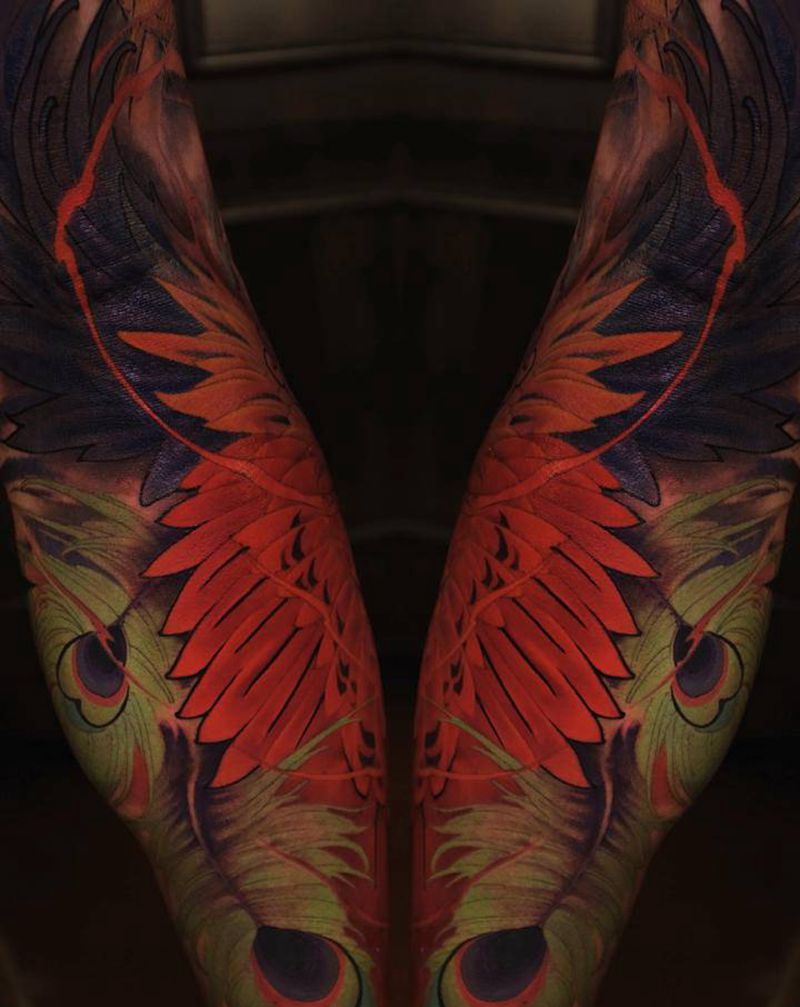 Phoenix feather纹身图片_腿部新传统纹身图案
