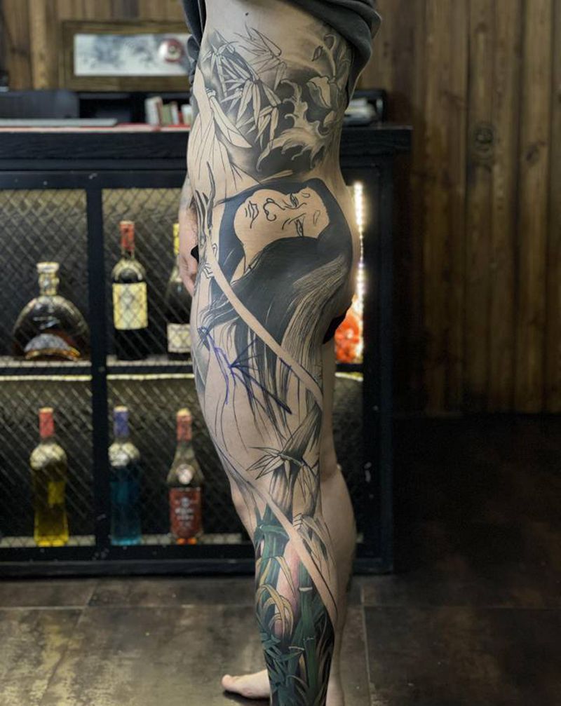 怨纹身图片_腿部新传统纹身图案