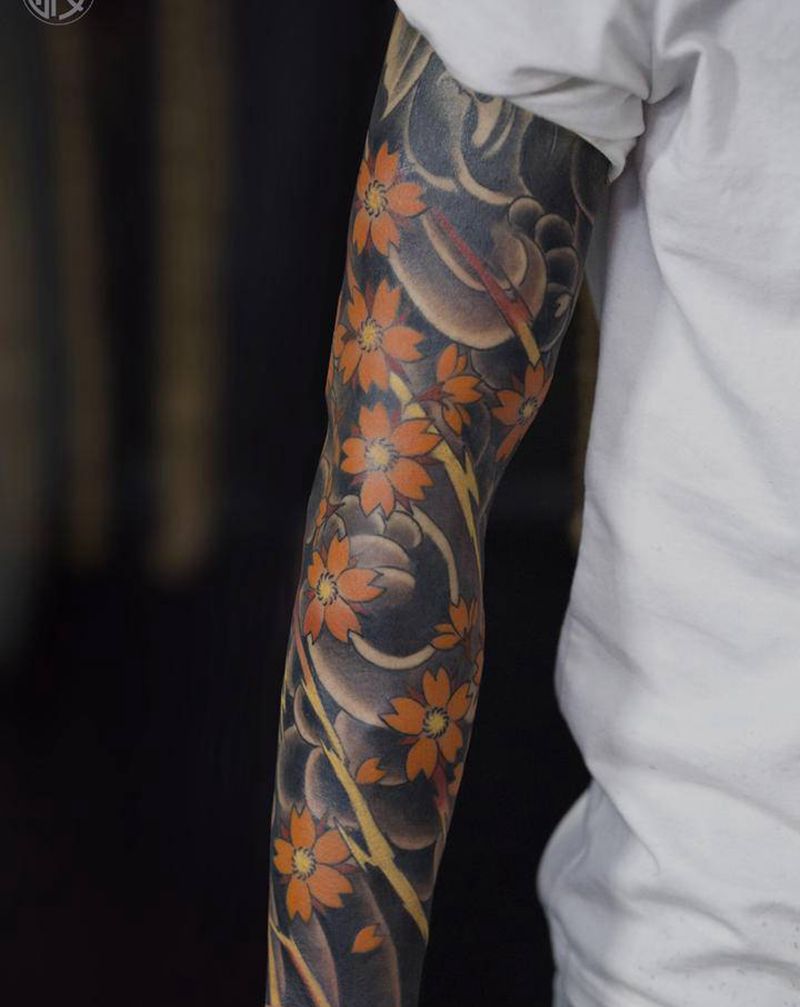 樱花花臂纹身图片_手臂新传统纹身图案