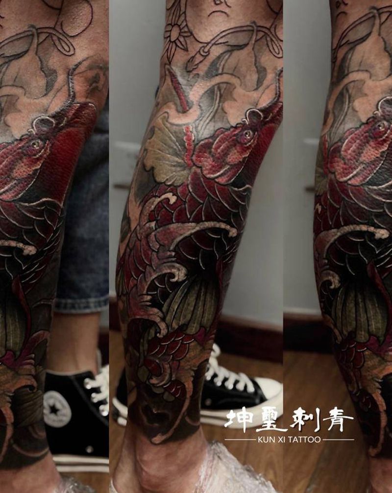 遮盖纹身图片_腿部新传统纹身图案