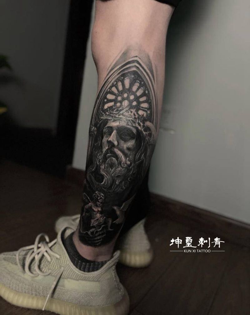 修改 篇耶稣纹身图片_腿部欧美写实纹身图案