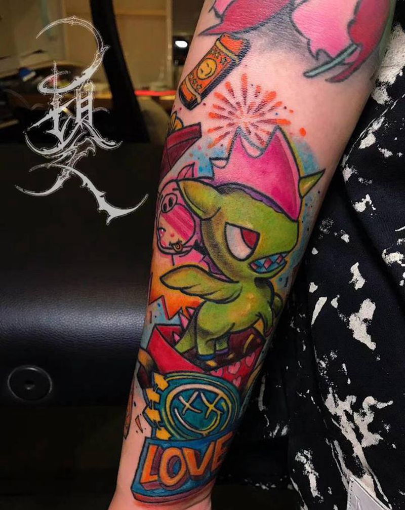 小卡通纹身图片_手臂手部New School水彩纹身图案
