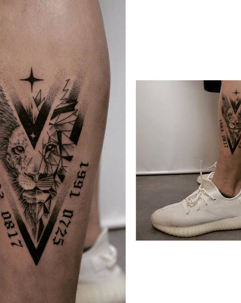 狮子座纹身图片_腿部点刺纹身图案