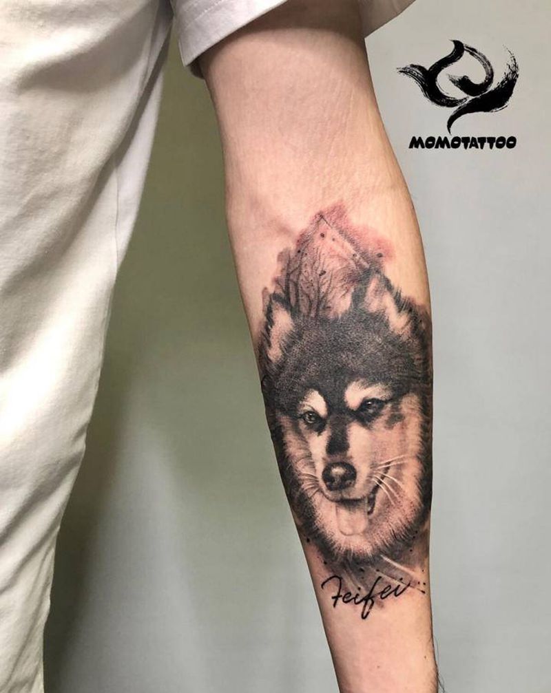 狗狗纹身图片_手臂欧美写实纹身图案