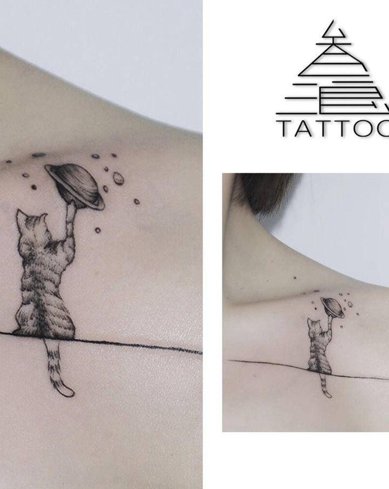 小猫纹身图片_胸部纹身图案