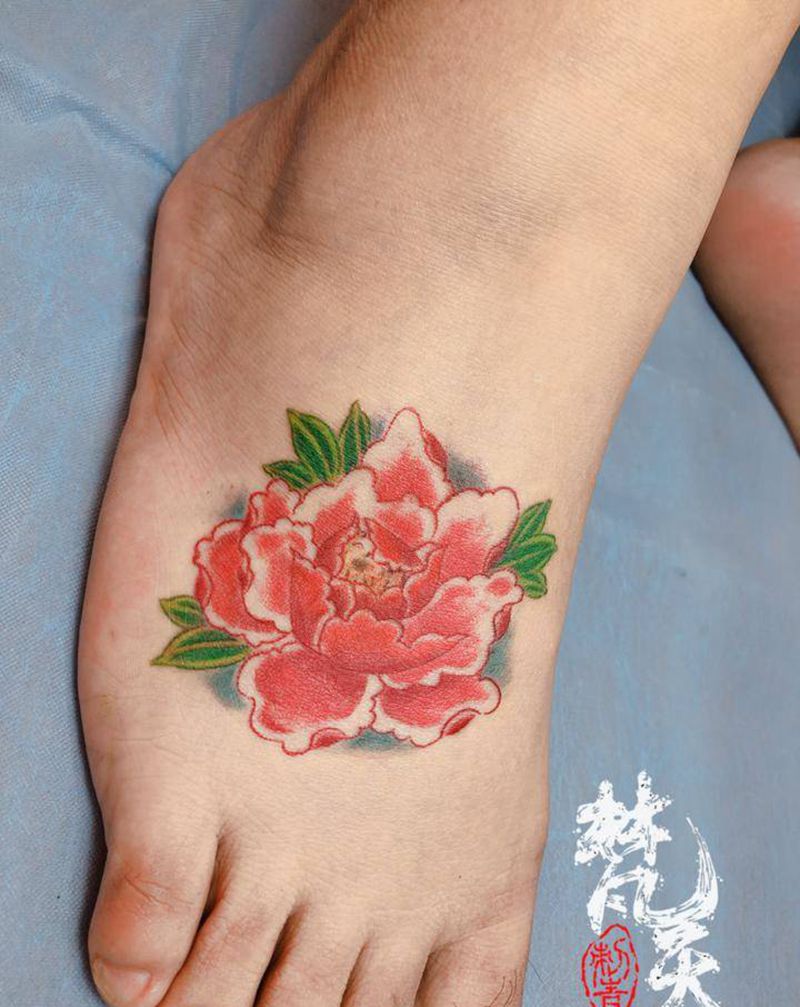 脚背牡丹纹身纹身图片_脚部手部Old School水彩纹身图案
